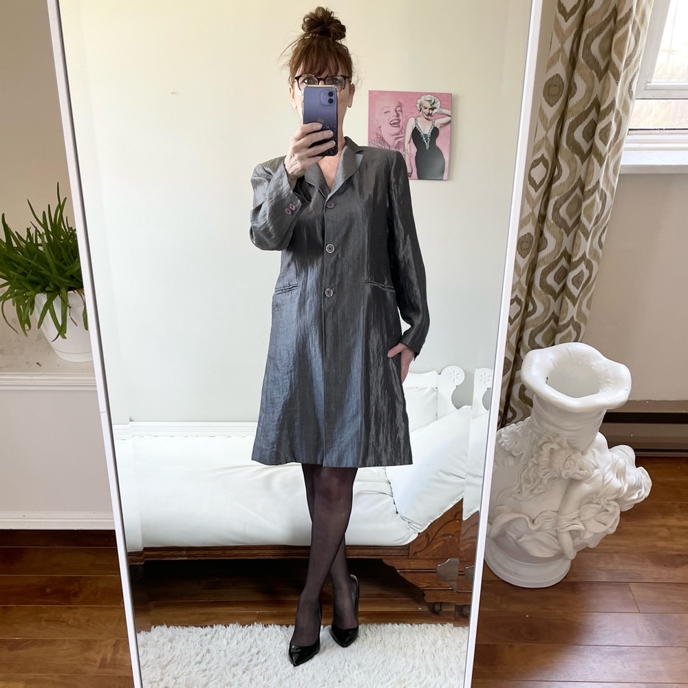 VINTAGE DKNY PEWTER SHIMMER COAT POCKETS LINEN BLEND LINED POCKETS BUTTONS